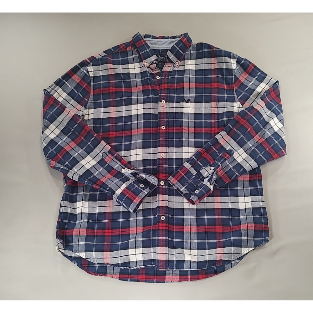 L.L. Bean Mens XL Tall Flannel Shirt Plaid Long Sleeve Navy Red Button Down